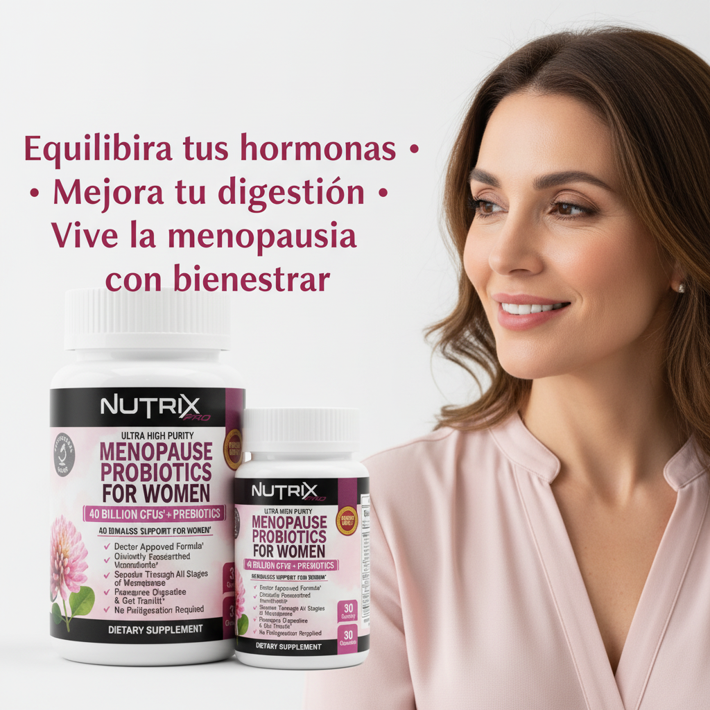 Mujer sosteniendo Nutrix Pro Menopause Probiotics con frase de beneficios