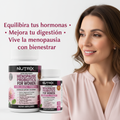 Mujer sosteniendo Nutrix Pro Menopause Probiotics con frase de beneficios