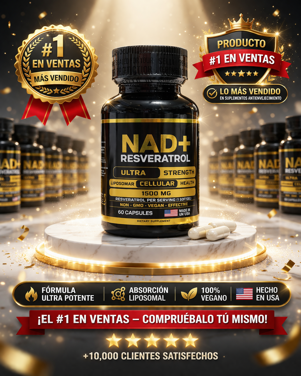 NAD+ Resveratrol Ultra Strength — Suplemento Antienvejecimiento (60 Cápsulas)