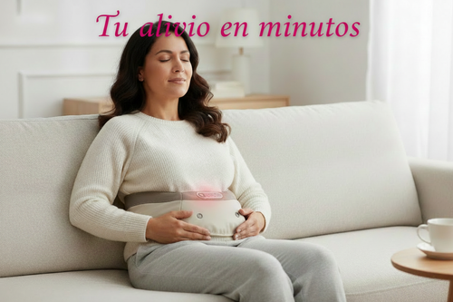 Tu alivio en minutos - mujer usando masajeador para cólicos